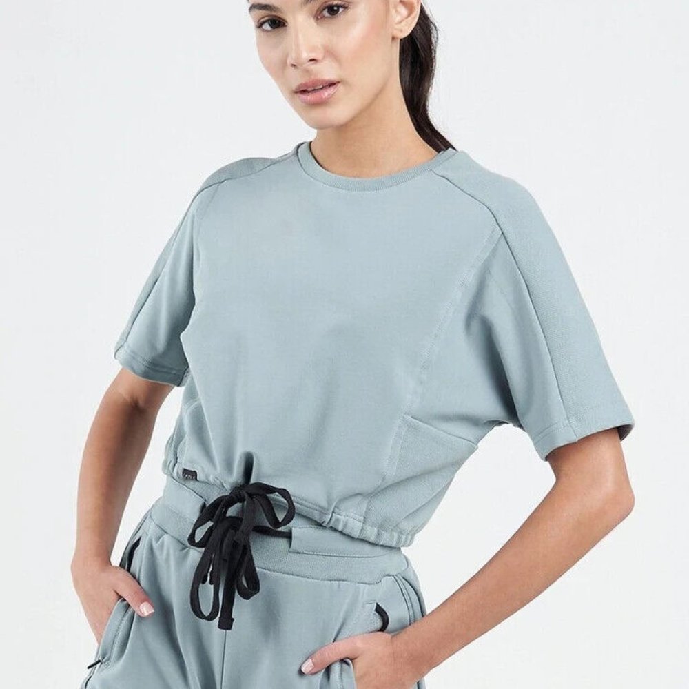 TLF Techne Crop Top Womens Small Harbo green Drawstring Waist Neck Short Sleeves